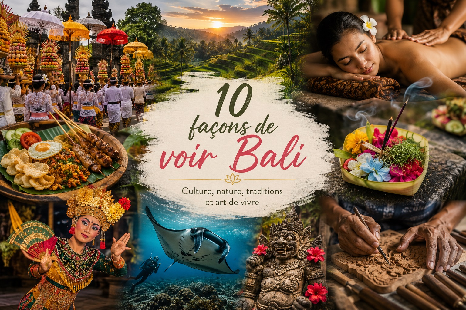 Vue de Bali � travers ses traditions, rizi�res, danses balinaises, artisanat local, gastronomie et fonds marins avec raie manta