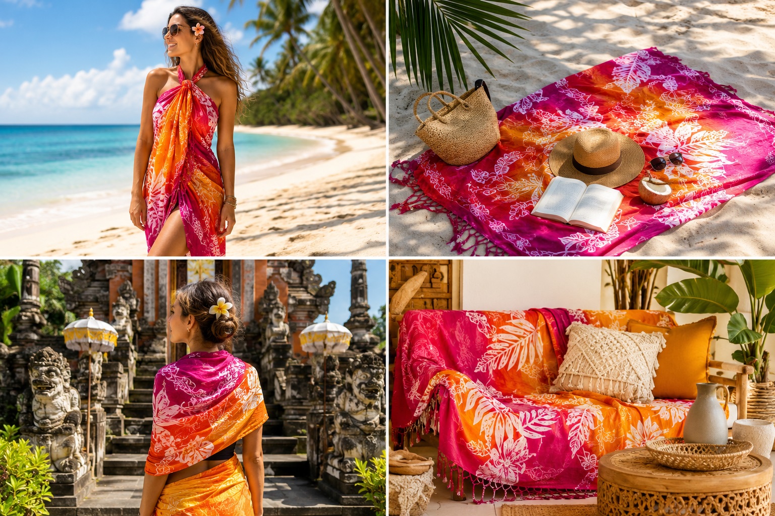Diff�rentes utilisations d'un par�o de Bali : robe de plage, serviette de plage, foulard de voyage et d�coration int�rieure boh�me.