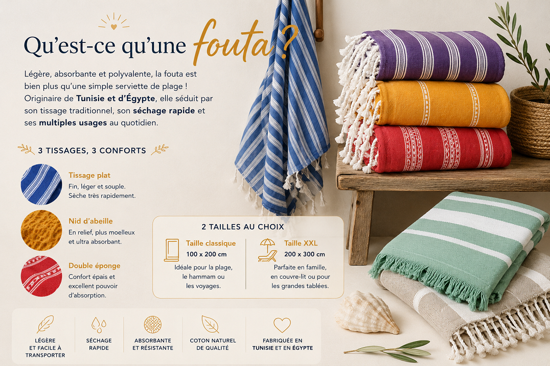 Foutas tunisiennes et �gyptiennes en coton � tissage plat, nid d�abeille et double �ponge