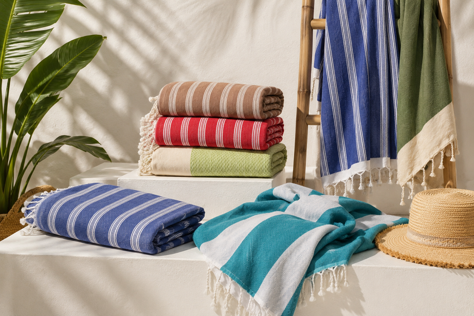 S�lection de foutas de plage en coton tunisiennes et �gyptiennes dans une ambiance boh�me et estivale