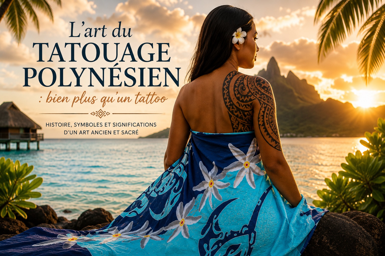 Femme polyn�sienne portant un tatouage traditionnel et un par�o aux motifs tribaux face � un lagon tropical au coucher du soleil.