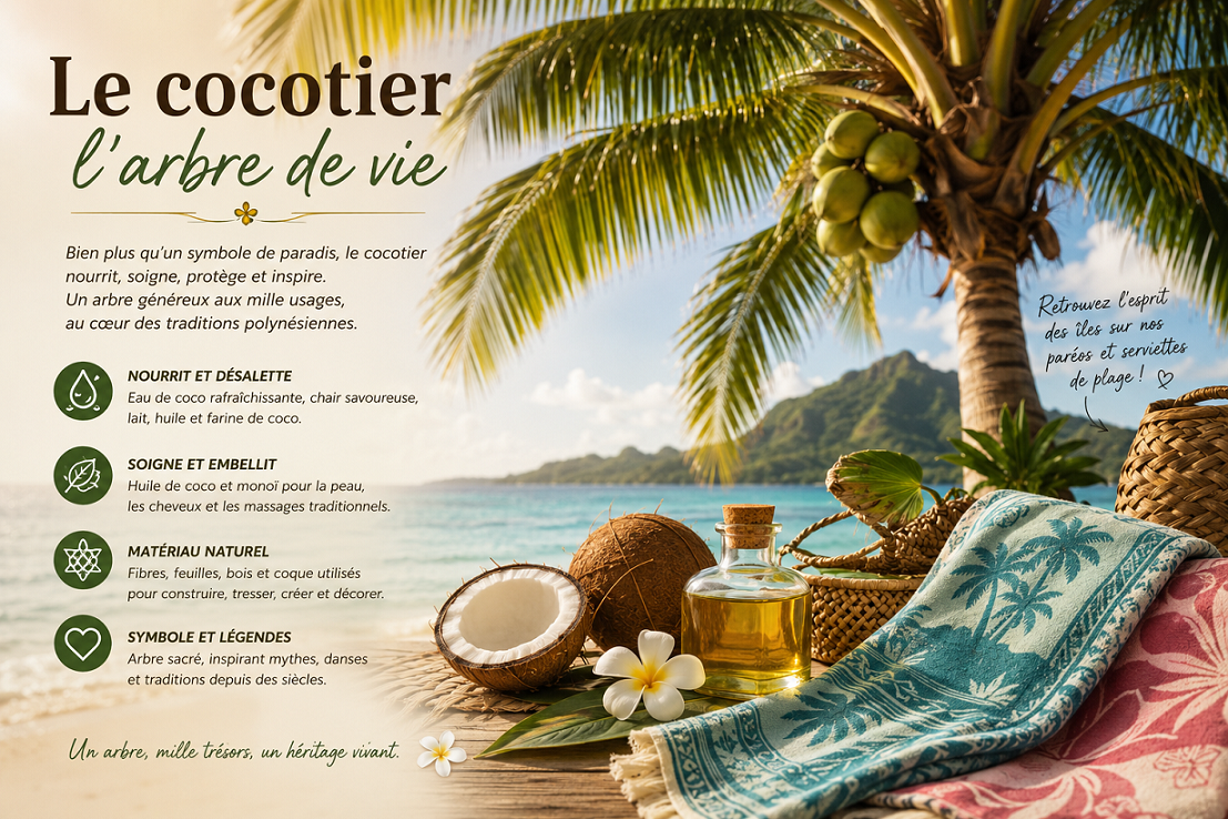 Cocotier sur une plage tropicale en Polyn�sie avec noix de coco, huile de coco et serviette de plage aux motifs exotiques.