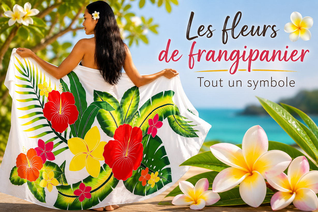alt= Fleurs de frangipanier tropicales et par�o balinais aux motifs floraux dans un d�cor exotique inspir� de Bali 