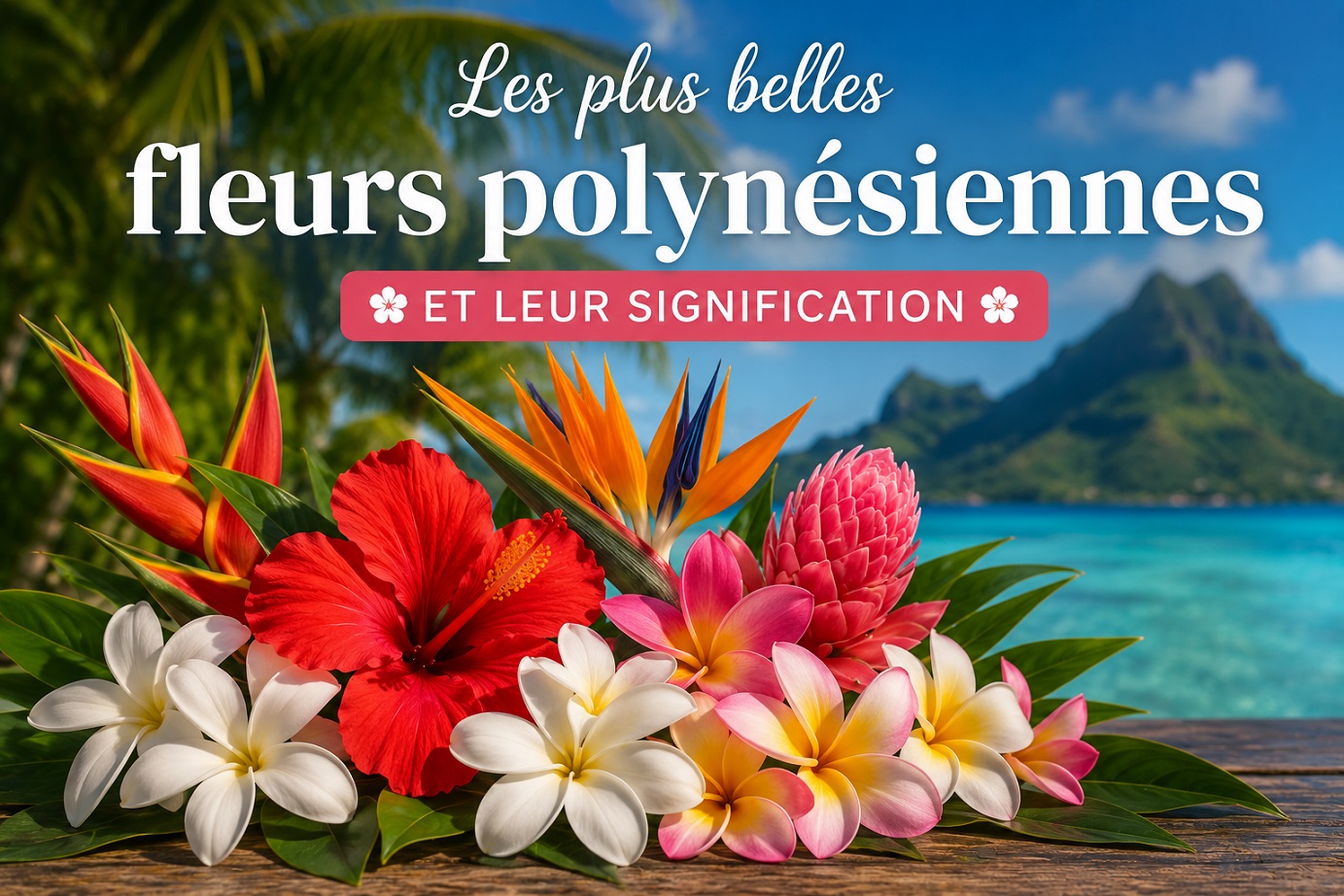 Fleurs polyn�siennes tropicales : tiare, hibiscus, frangipanier et oiseau de paradis sur fond de lagon tahitien