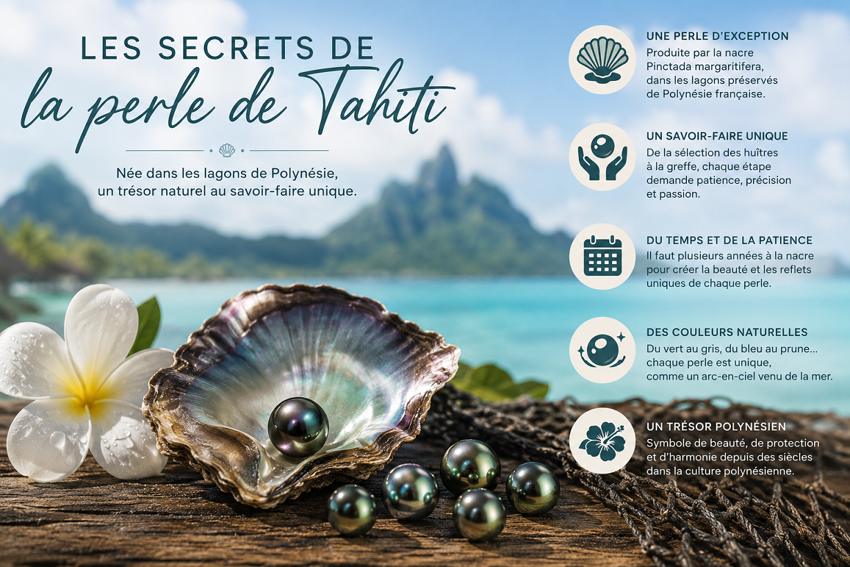 Perle de Tahiti dans une hu�tre nacri�re au bord d�un lagon polyn�sien, illustrant la culture et les secrets de la perliculture en Polyn�sie fran�aise.