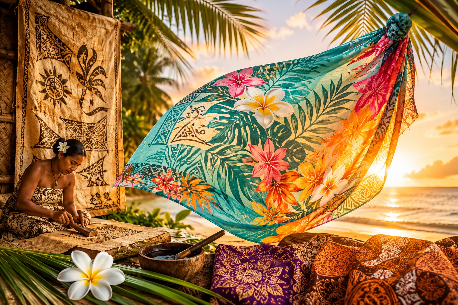 Par�o polyn�sien traditionnel aux motifs floraux flottant au vent sur une plage tropicale, illustrant les origines du par�o entre Tahiti et Bali.