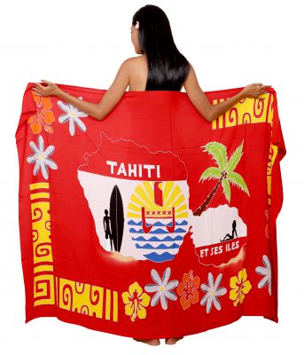 Paréo carte Tahiti rouge
