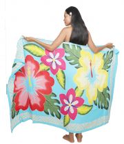 Paréo peint main double hibiscus bleu