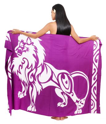 Paréos peint main grand lion violet