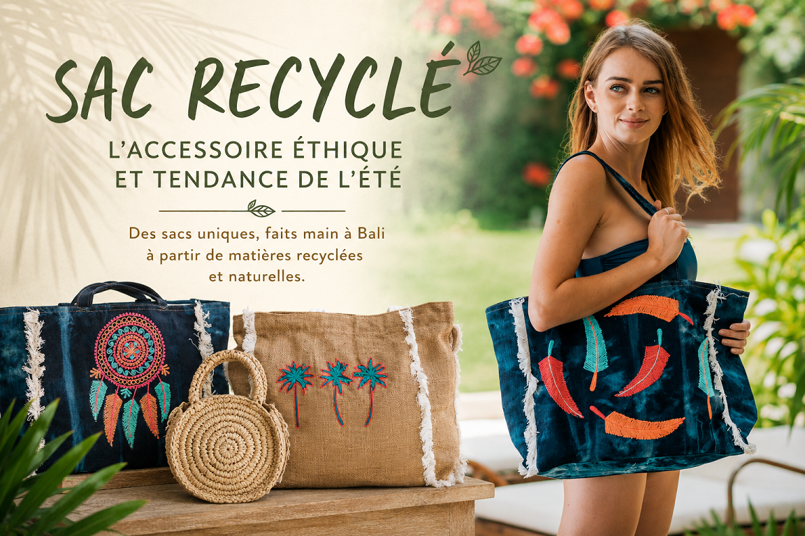Sac recycl� artisanal de Bali port� � la plage � accessoire �thique et tendance �t�