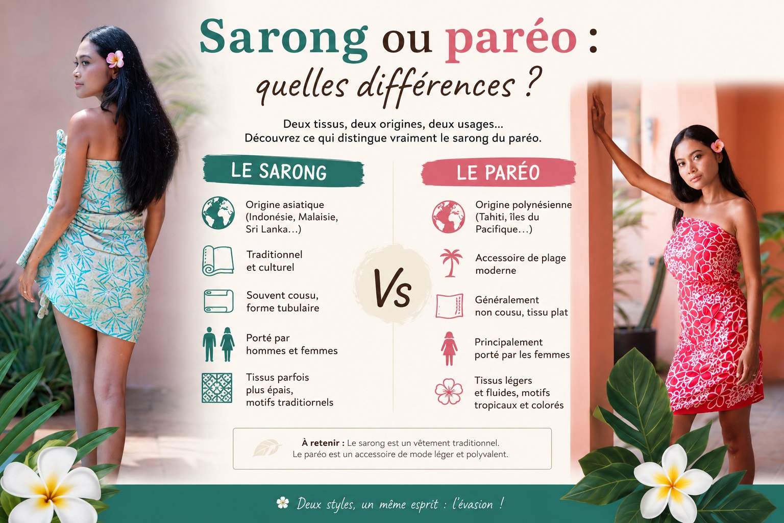 Sarong et par�o de Bali port�s par deux femmes au bord d�une piscine tropicale illustrant les diff�rences entre sarong traditionnel et par�o de plage