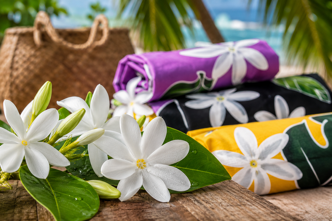Fleur de tiare Tahiti au premier plan avec par�os fleuris inspir�s de la Polyn�sie fran�aise sur une plage tropicale
